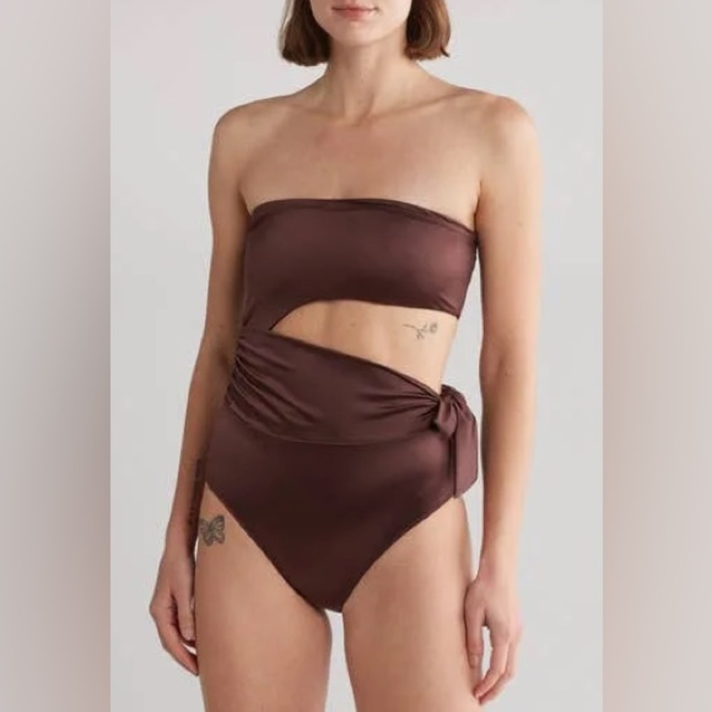 GOOD AMERICAN SATIN SIDE TIE SWIMSUIT | DARK COCOA - DARK COCOA